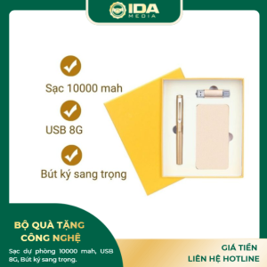 Bộ quà tặng công nghệ gồm: sạc dự phòng, usb và bút ký