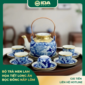 Bộ trà men lam họa tiết Long Ẩn bọc đồng nắp lõm
